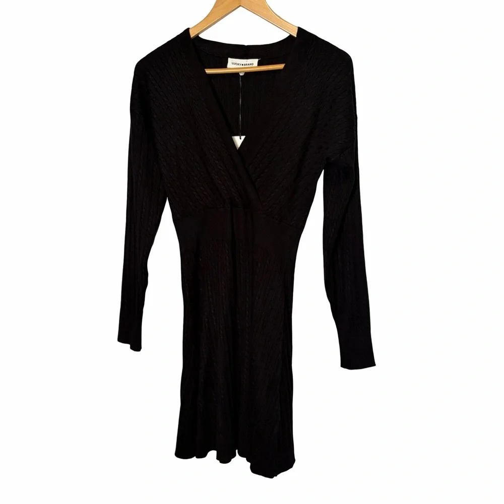 Lucky Brand Cable Knit V-Neck Long Sleeve Dress in Black , Size M NWT_2